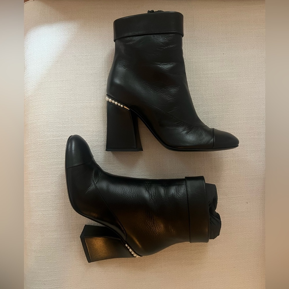 Chanel 22A Black Leather Booties with Pearl Detail 37.5 $1850